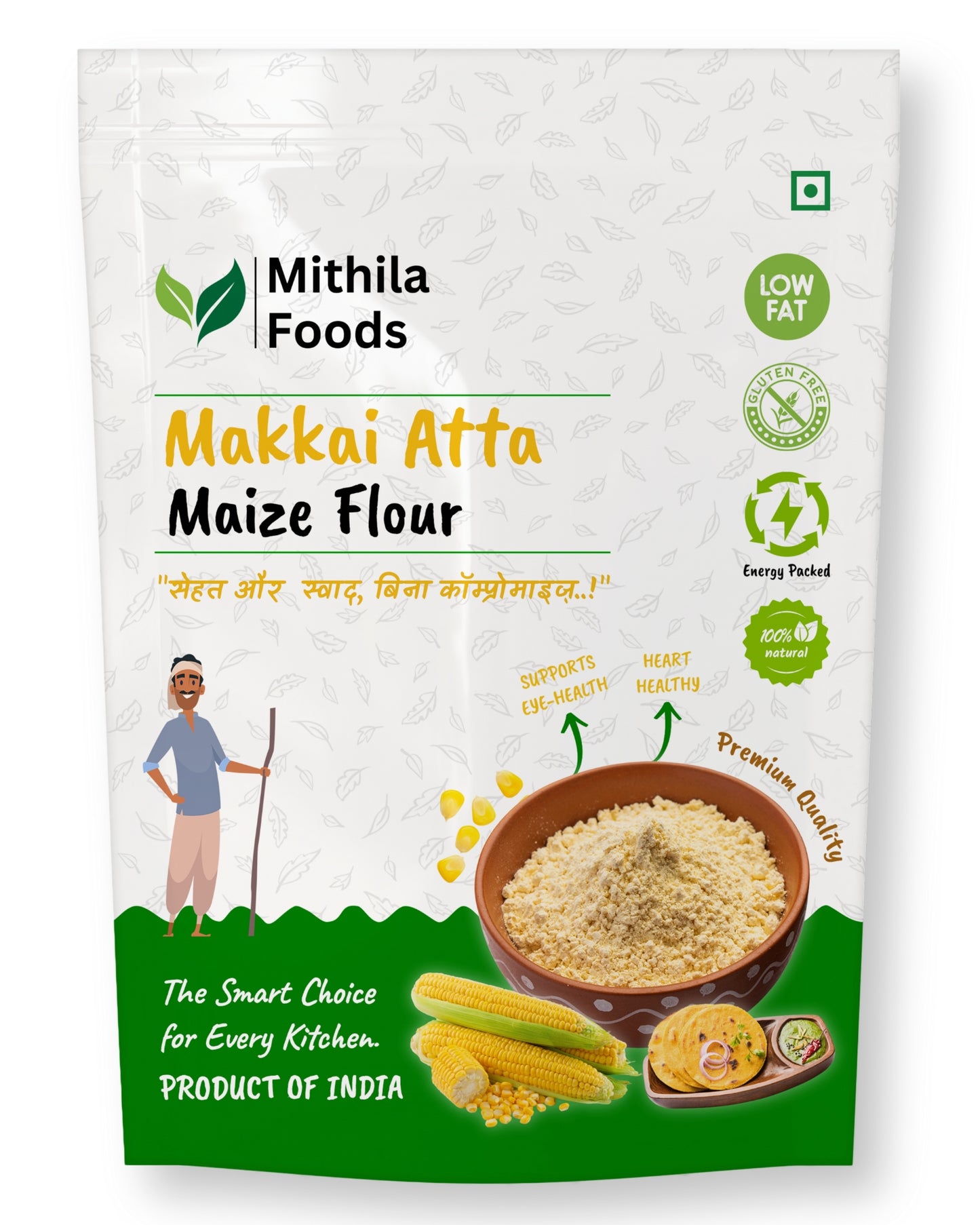  Front packaging of Mithila Foods Makkai Atta Maize Flour, showing premium quality corn flour, a traditional farmer illustration, cobs of maize, makki roti, health icons, and Bihari authenticity