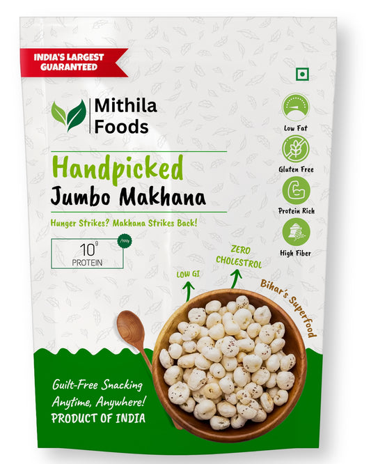 Mithila Foods Handpicked Jumbo Makhana pack – roasted foxnuts, gluten-free healthy snack