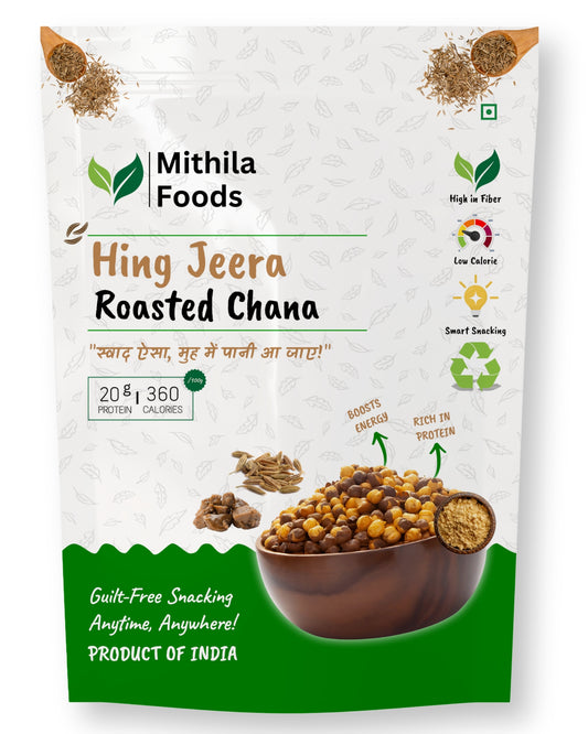 Front packaging of Mithila Foods Hing Jeera Roasted Chana showing crunchy chickpeas, tangy hing jeera flavor, high protein, fiber, and smart snacking icons