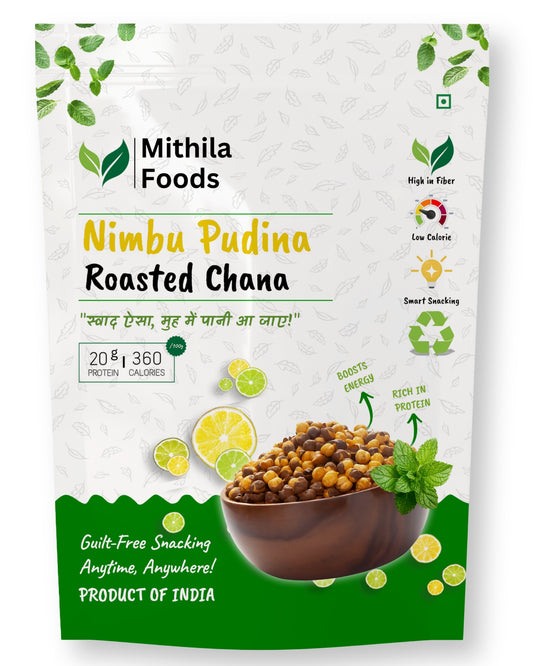 Front packaging of Mithila Foods Nimbu Pudina Roasted Chana showing crunchy chickpeas, tangy lemon mint flavor, high protein, fiber, and smart snacking icons