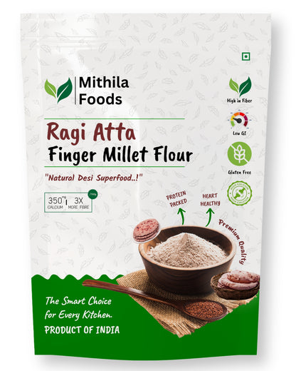 Front packaging of Mithila Foods Ragi Atta Finger Millet Flour showing premium quality ragi flour, health icons, and product benefits for soft rotis