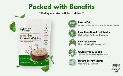 Moori Bhel benefits – low fat, gluten free, easy digestion, low calories, vegan and instant energy snack.