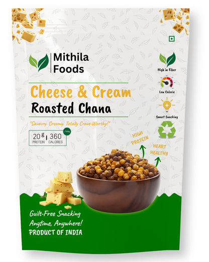  Front packaging of Mithila Foods Cheese & Cream Roasted Chana, showcasing crunchy chickpeas with cheese cubes and highlighting high protein, fiber, and smart snacking