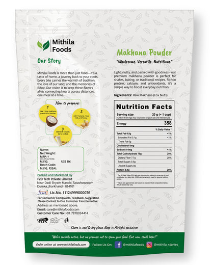  "Back of Mithila Foods Makhana Powder pack featuring product story, nutrition facts, ingredient list, and smoothie recipe instructions"
