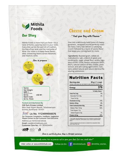 Back of Mithila Foods Cheese & Cream Roasted Chana pack displaying nutrition facts, ingredients, product story, and preparation method