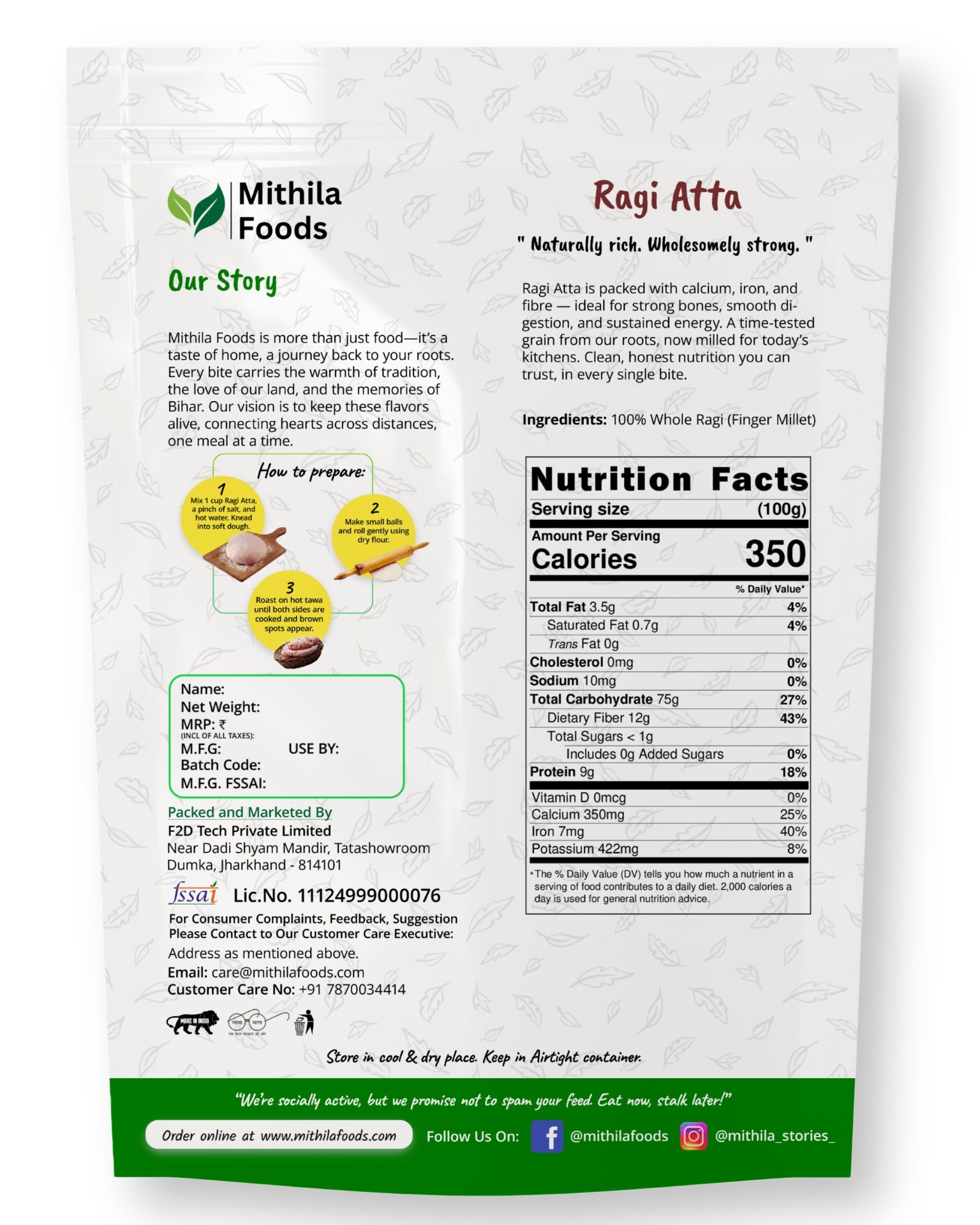 Back of Mithila Foods Ragi Atta Finger Millet Flour pack featuring brand story, nutritional info, ingredients, and manufacturer details