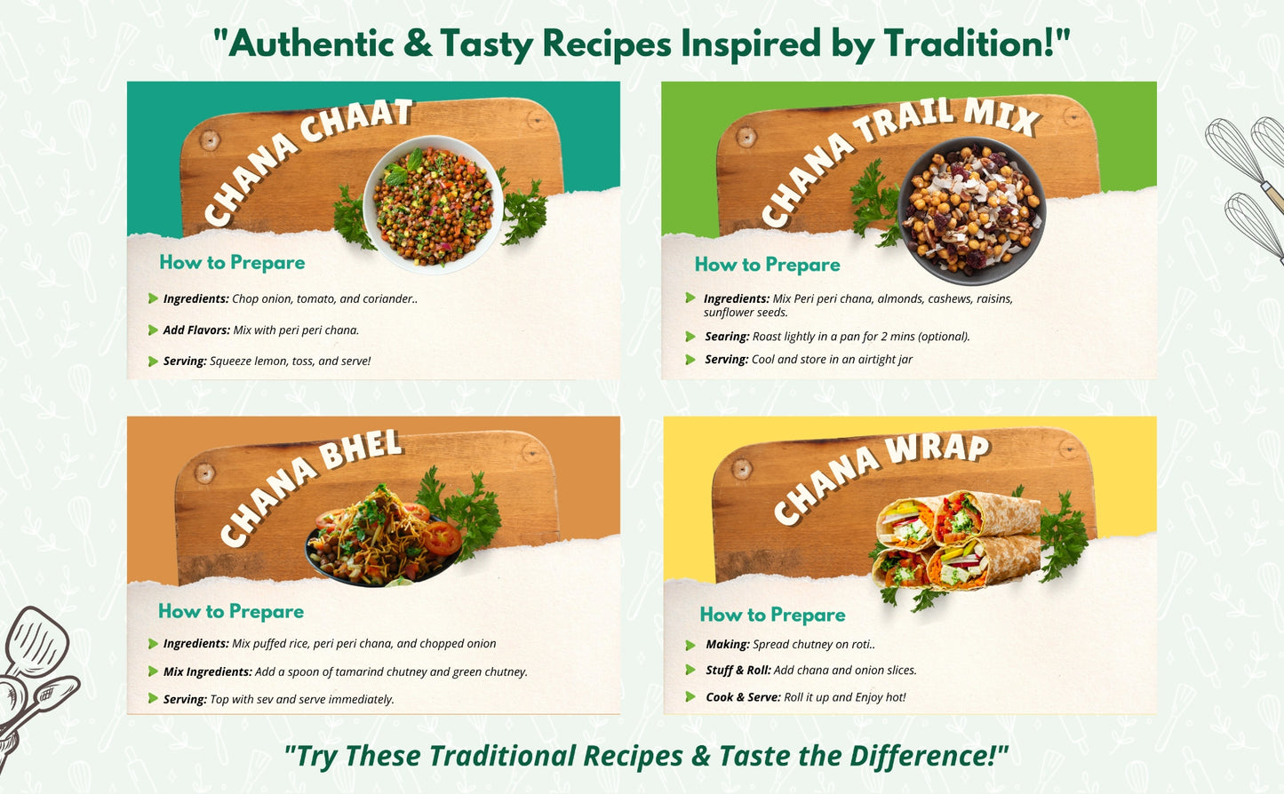 Authentic and tasty chana snack recipes inspired by tradition featuring Mithila Foods roasted chana in chaat, trail mix, bhel, and wrap formats with preparation steps