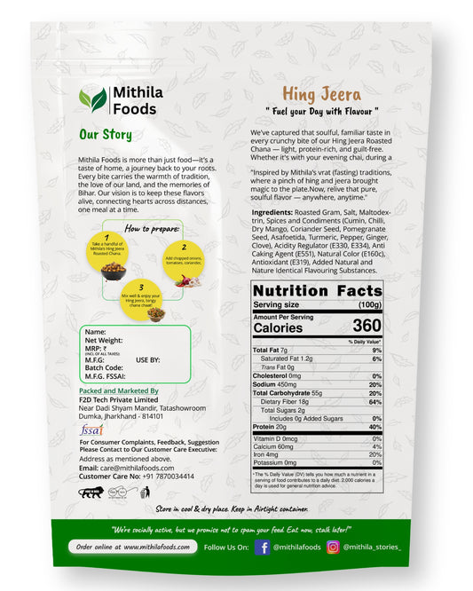Back of Mithila Foods Hing Jeera Roasted Chana pack with brand story, recipe instructions, ingredients, nutritional info, and manufacturer details