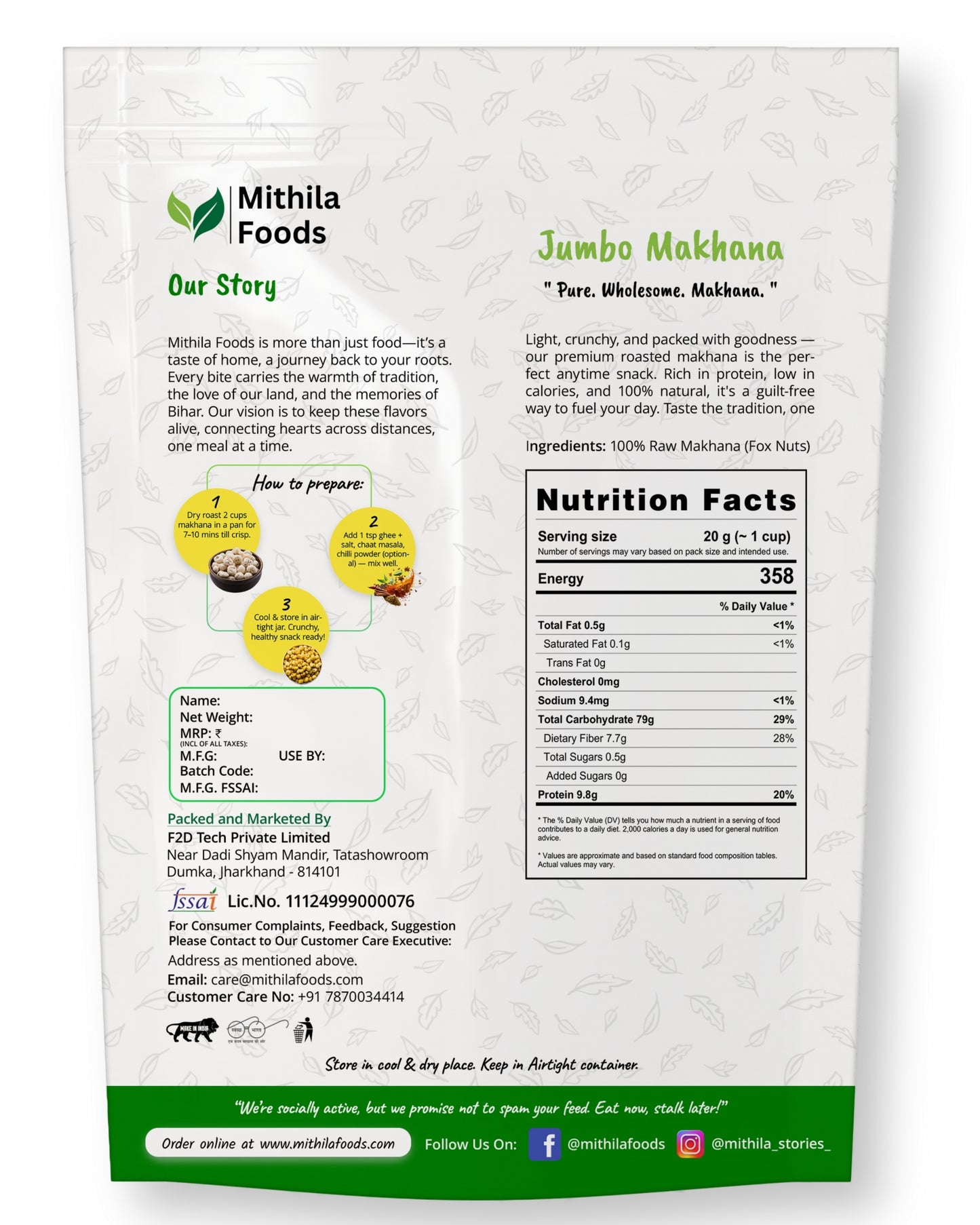 Back of Mithila Foods Jumbo Makhana pack showing nutrition facts, ingredients and preparation tips