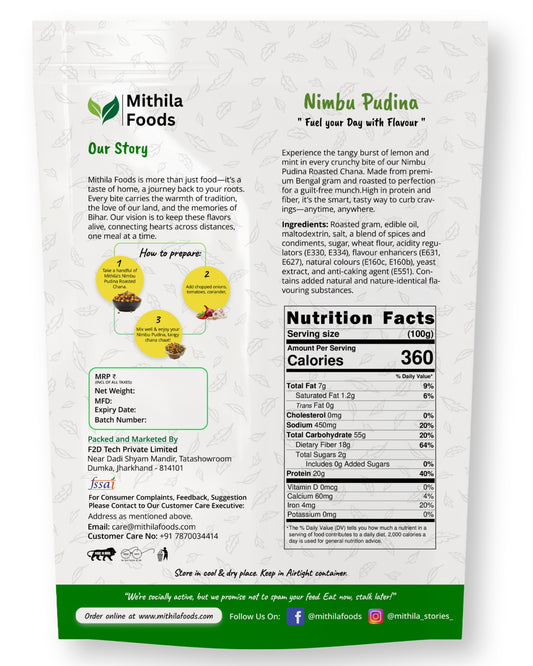 Back of Mithila Foods Nimbu Pudina Roasted Chana pack with brand story, recipe instructions, ingredients, nutritional info, and manufacturer details