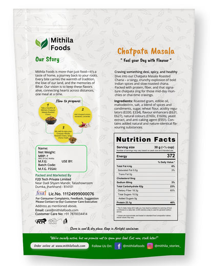 Back of Mithila Foods Chatpata Masala Roasted Chana pack with brand story, bold ingredient list, nutritional info, recipe method, and manufacturer details