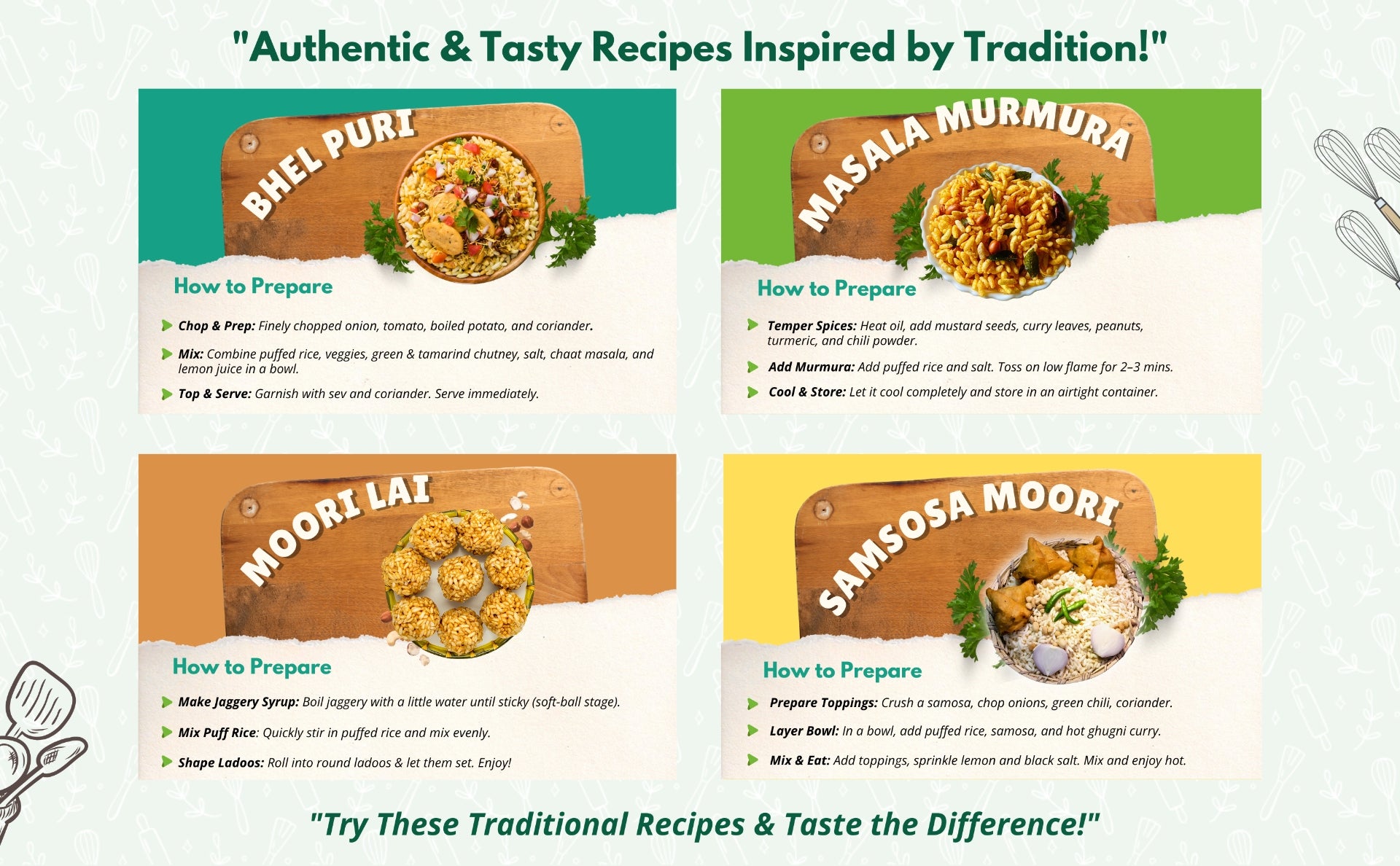 Traditional recipes using puffed rice – bhel puri, masala murmura, moori lai laddoo and samosa moori with preparation steps.