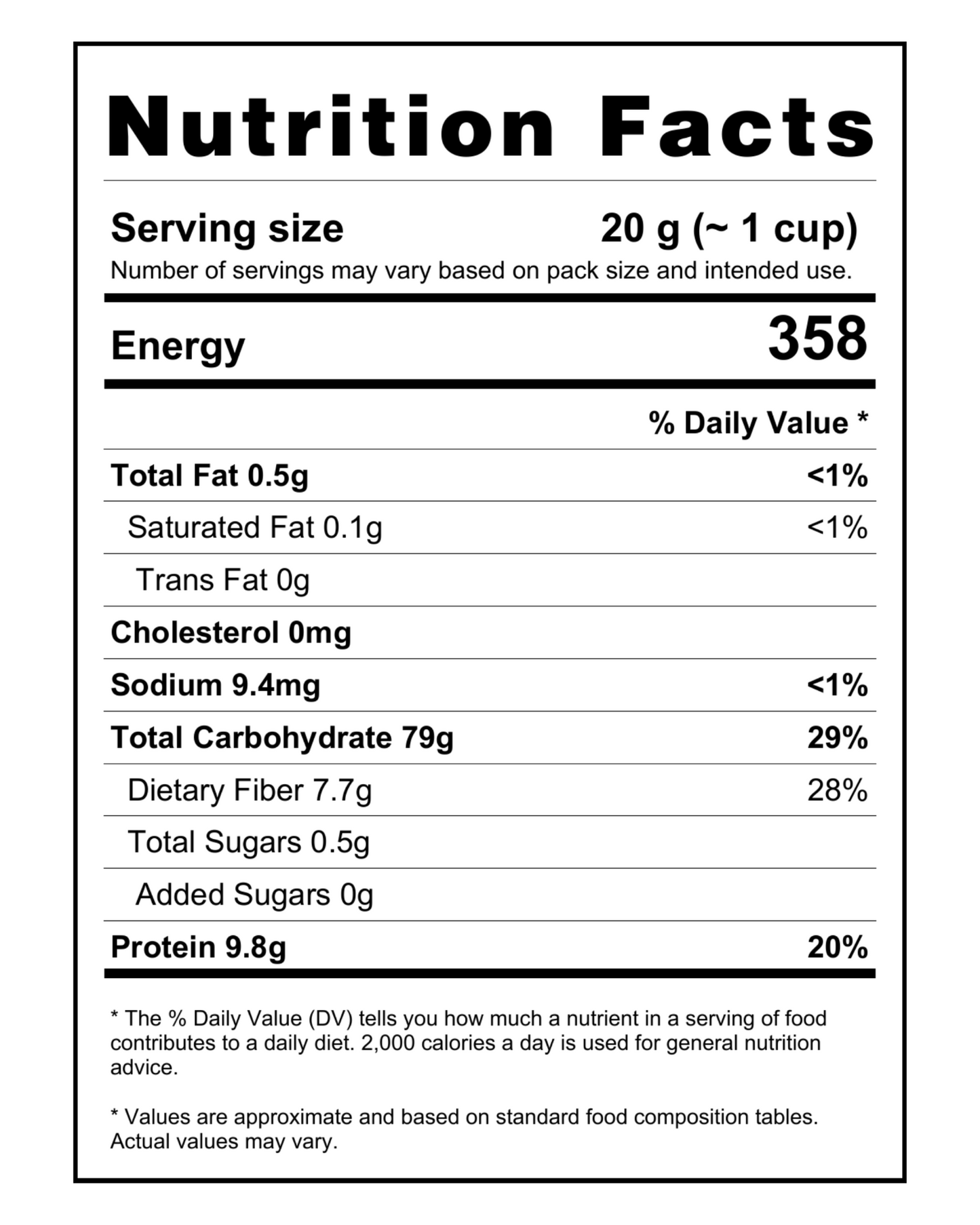  "Nutrition facts label for Mithila Foods Makhana Powder, indicating calories, protein, fiber, carb, fat, sodium, and sugar per 20g serving"