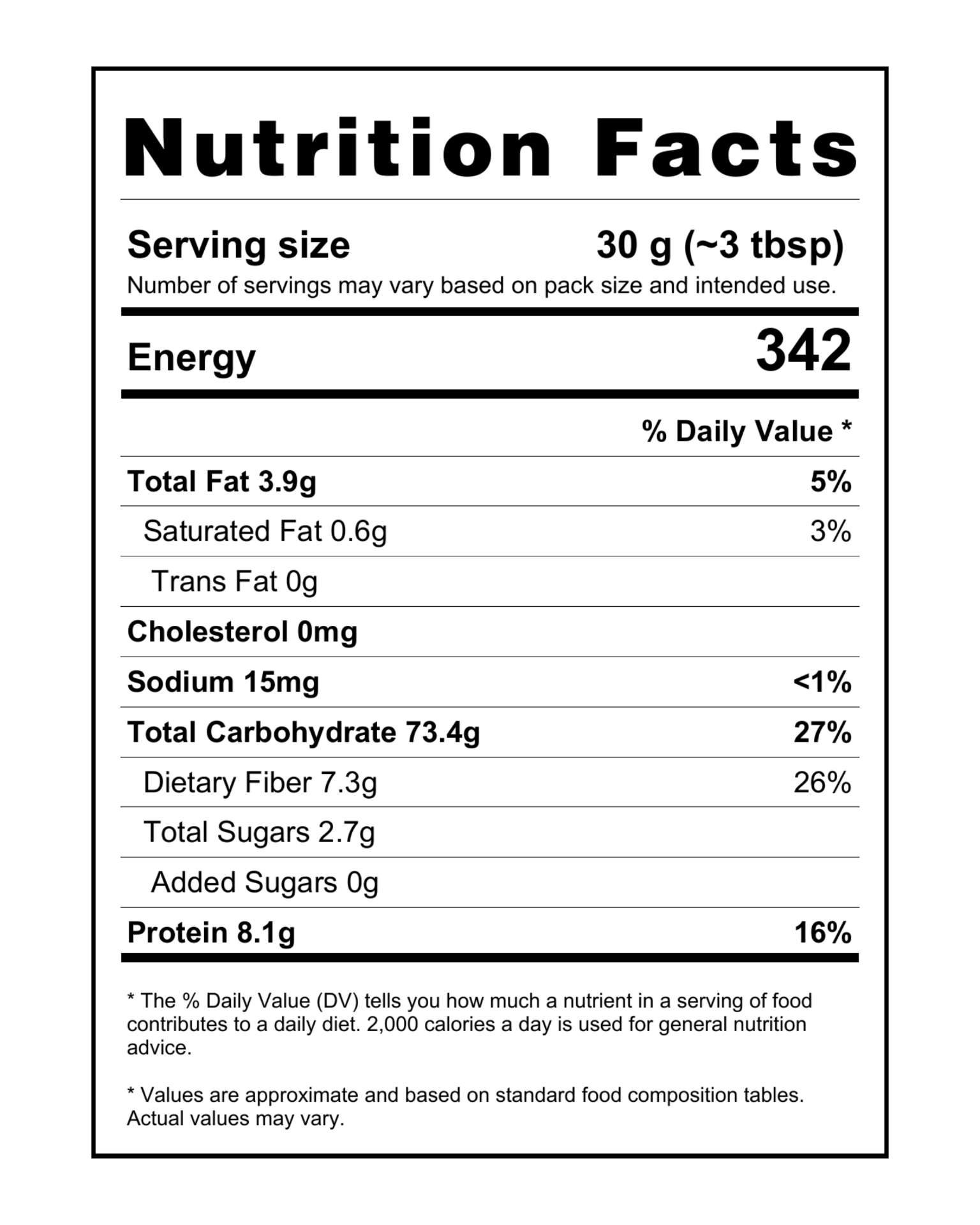  "Nutrition facts label for Mithila Foods Makkai Atta Maize Flour showing calories, protein, fiber, carbohydrates, fat, sodium, and sugar per 30g serving"