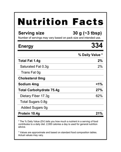  "Nutrition facts label for Mithila Foods Jau Atta Barley Flour, showing calories, protein, fiber, carbohydrates, fat, sodium per 30g serving"