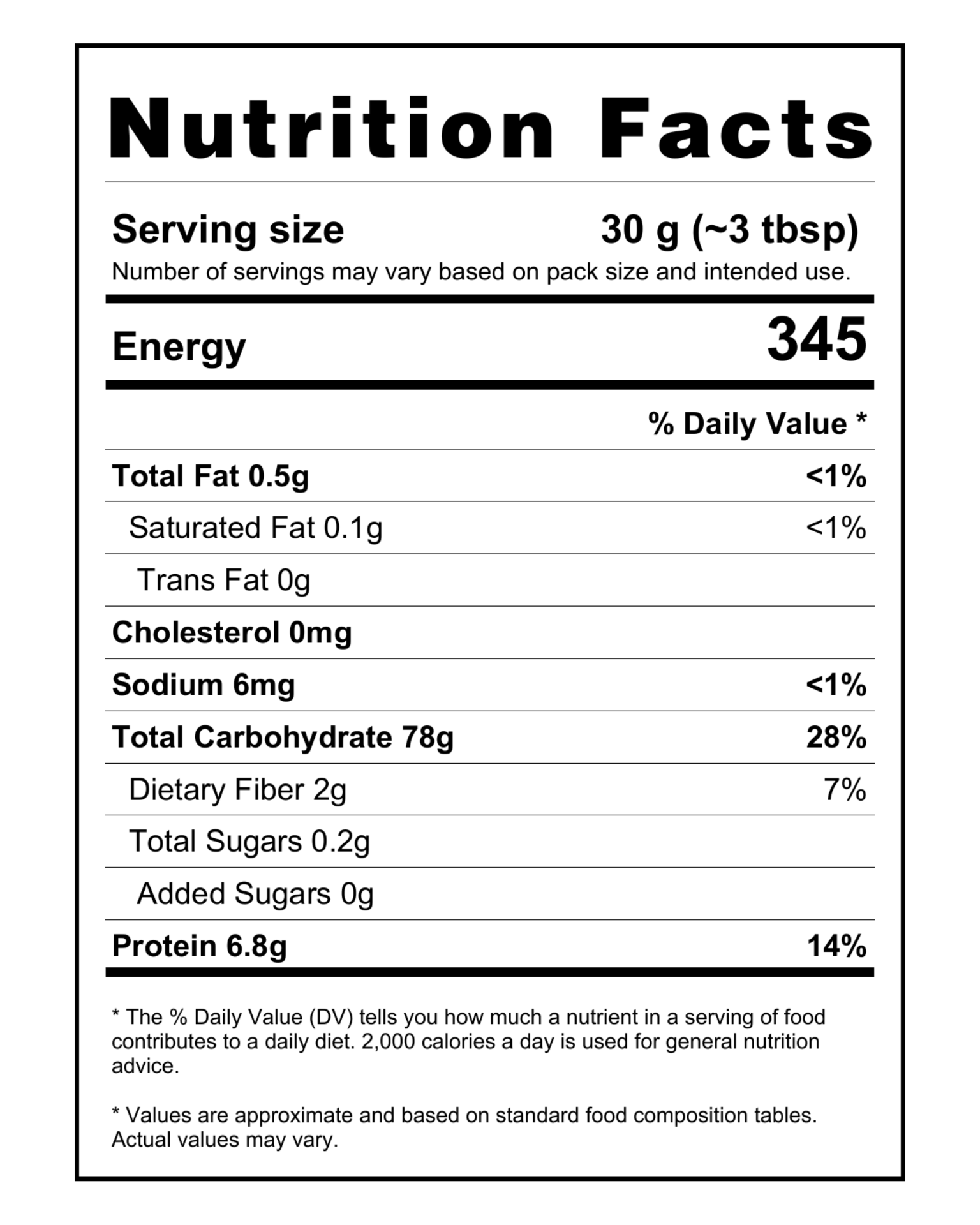  "Nutrition facts label for Mithila Foods Chawal Atta Rice Flour, detailing calories, carbohydrate, protein, fiber, fat, and sodium per 30g serving"