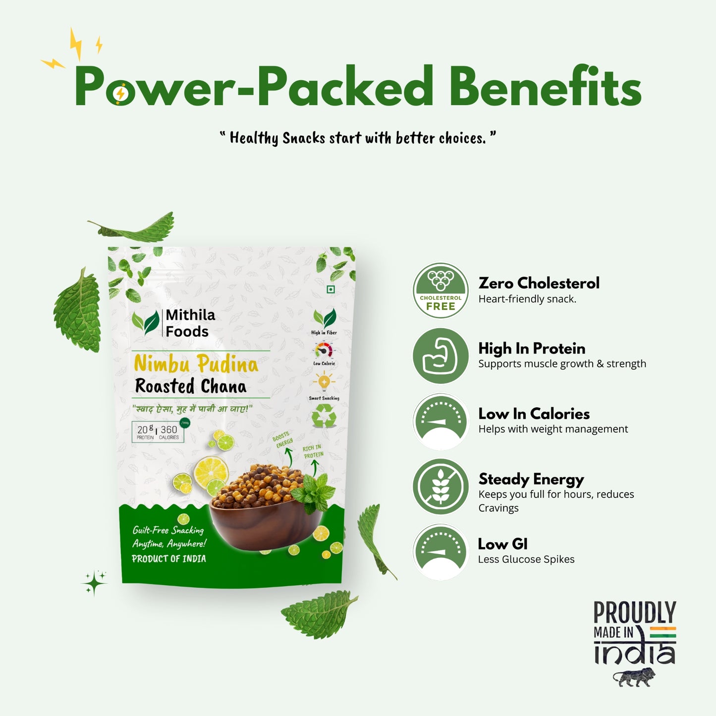 Mithila Foods Nimbu Pudina Roasted Chana package display with icons listing benefits such as zero cholesterol, high protein, low calories, steady energy, and low GI