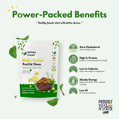 Mithila Foods Nimbu Pudina Roasted Chana package display with icons listing benefits such as zero cholesterol, high protein, low calories, steady energy, and low GI