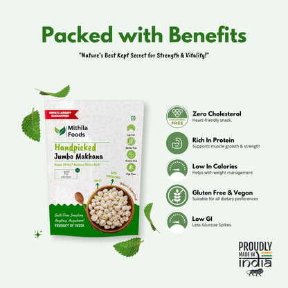 Benefits of Mithila Foods Makhana – zero cholesterol, high protein, gluten-free, low GI snack