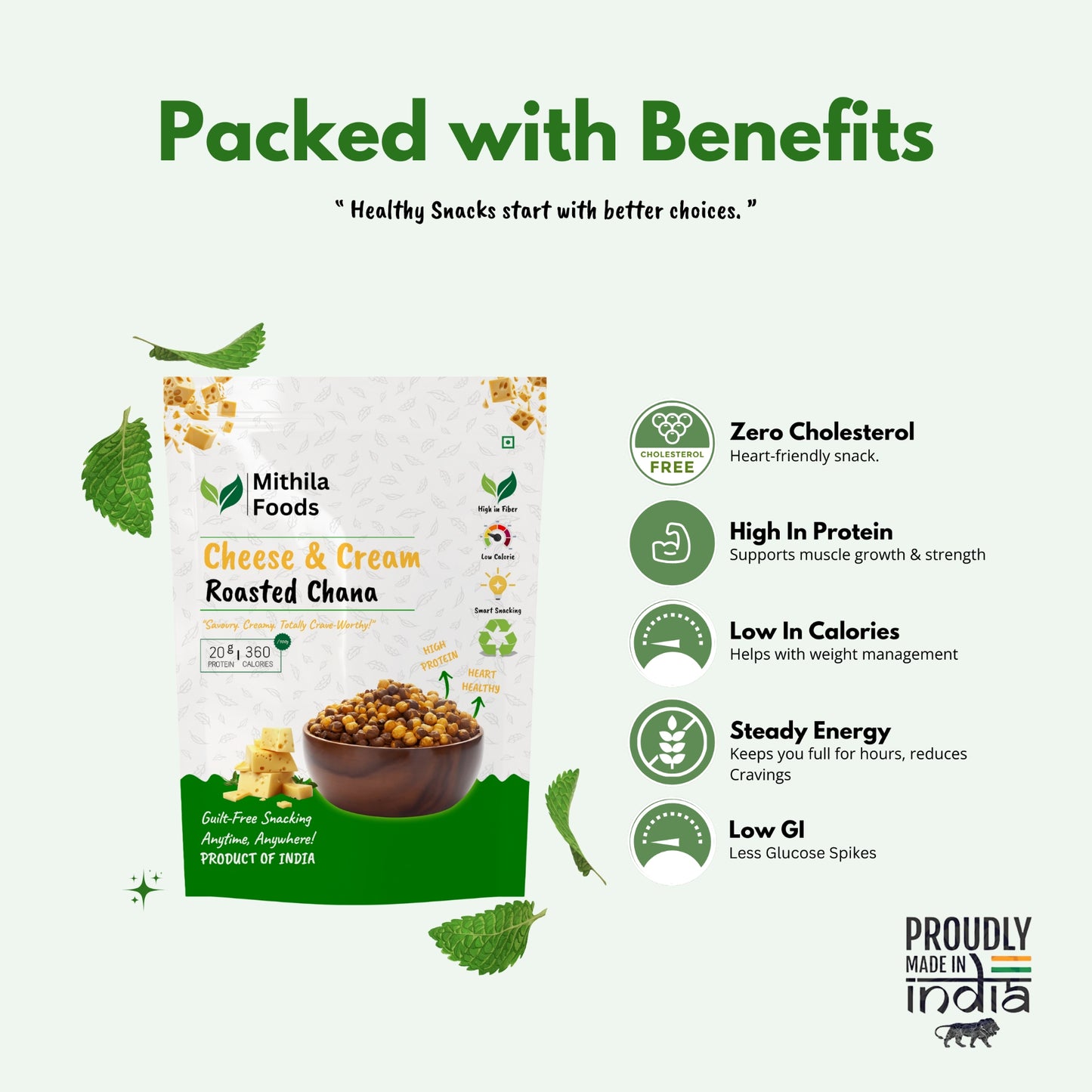 Mithila Foods Cheese & Cream Roasted Chana pack with key benefits such as zero cholesterol, high protein, low calories, steady energy, and low GI, plus 'Made in India' badge