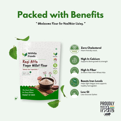 Mithila Foods Ragi Atta Finger Millet Flour pack with key health benefits such as zero cholesterol, high calcium, high fiber, iron-rich, and low GI