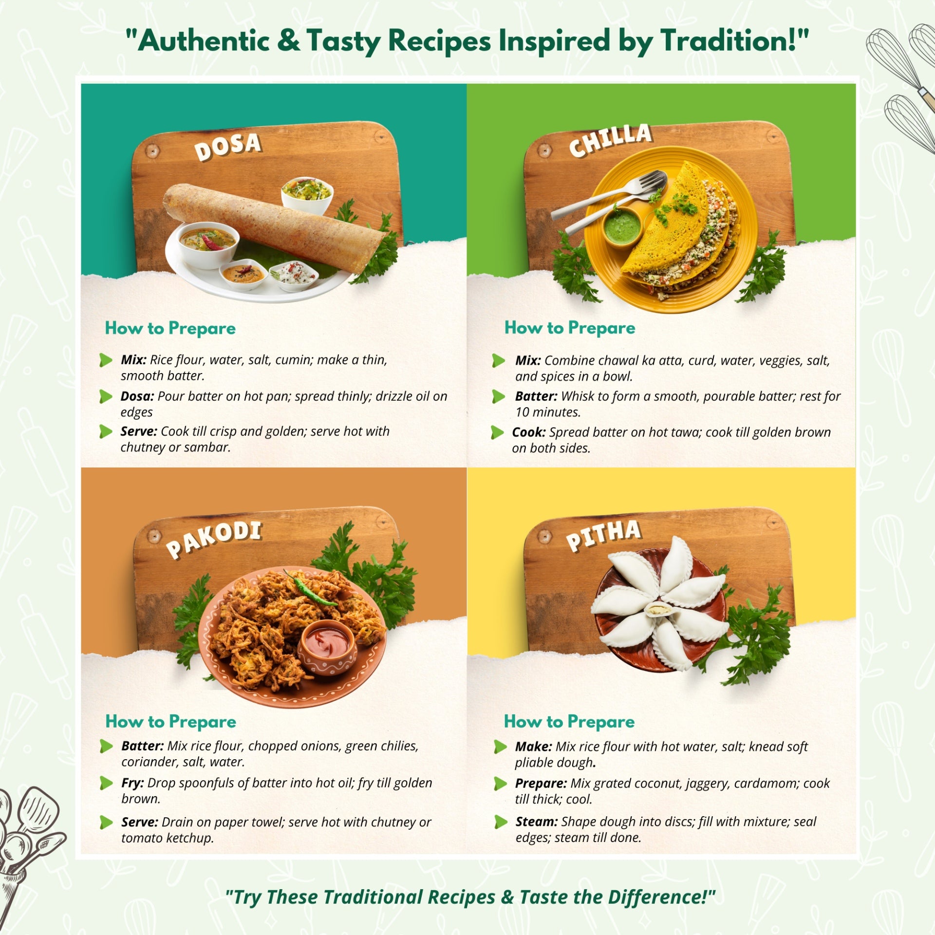  "Authentic and tasty rice flour recipes using Mithila Foods Chawal Atta, including dosa, chilla, pakodi, and pitha with preparation instructions"