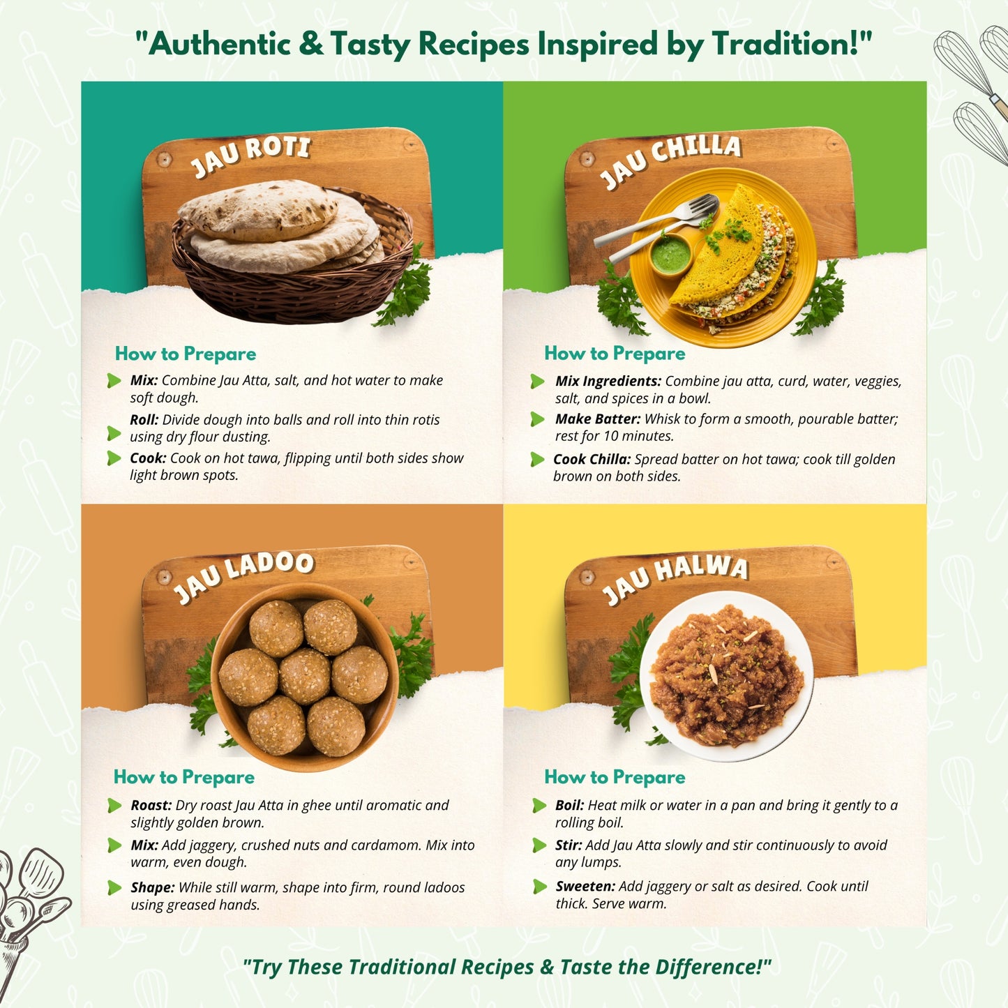  "Authentic and tasty barley flour recipes with Mithila Foods Jau Atta, including jau roti, chilla, ladoo, and halwa with step-by-step preparation"