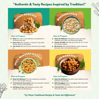 Traditional recipes made using Mithila Foods Makhana – masala, kheer, spicy, gur makhana