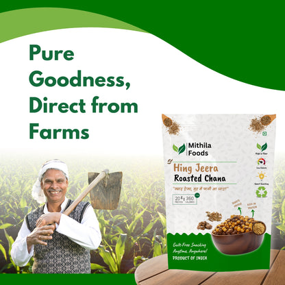 Mithila Foods Hing Jeera Roasted Chana pack placed alongside a farmer in a chickpea field, emphasizing pure goodness, direct farm sourcing, and authentic quality