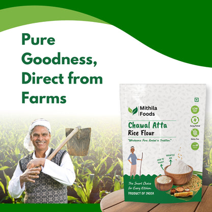  "Mithila Foods Chawal Atta Rice Flour pack placed beside a farmer in a rice field, highlighting pure goodness, direct farm sourcing, and Bihari authenticity"