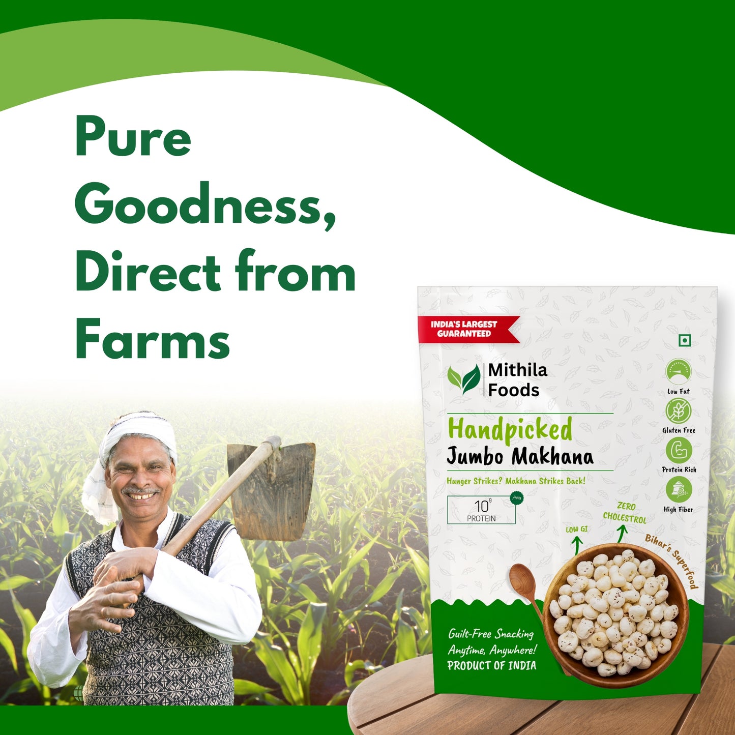 Farmer holding fresh lotus seeds with Mithila Foods Makhana pack – farm to table authenticity