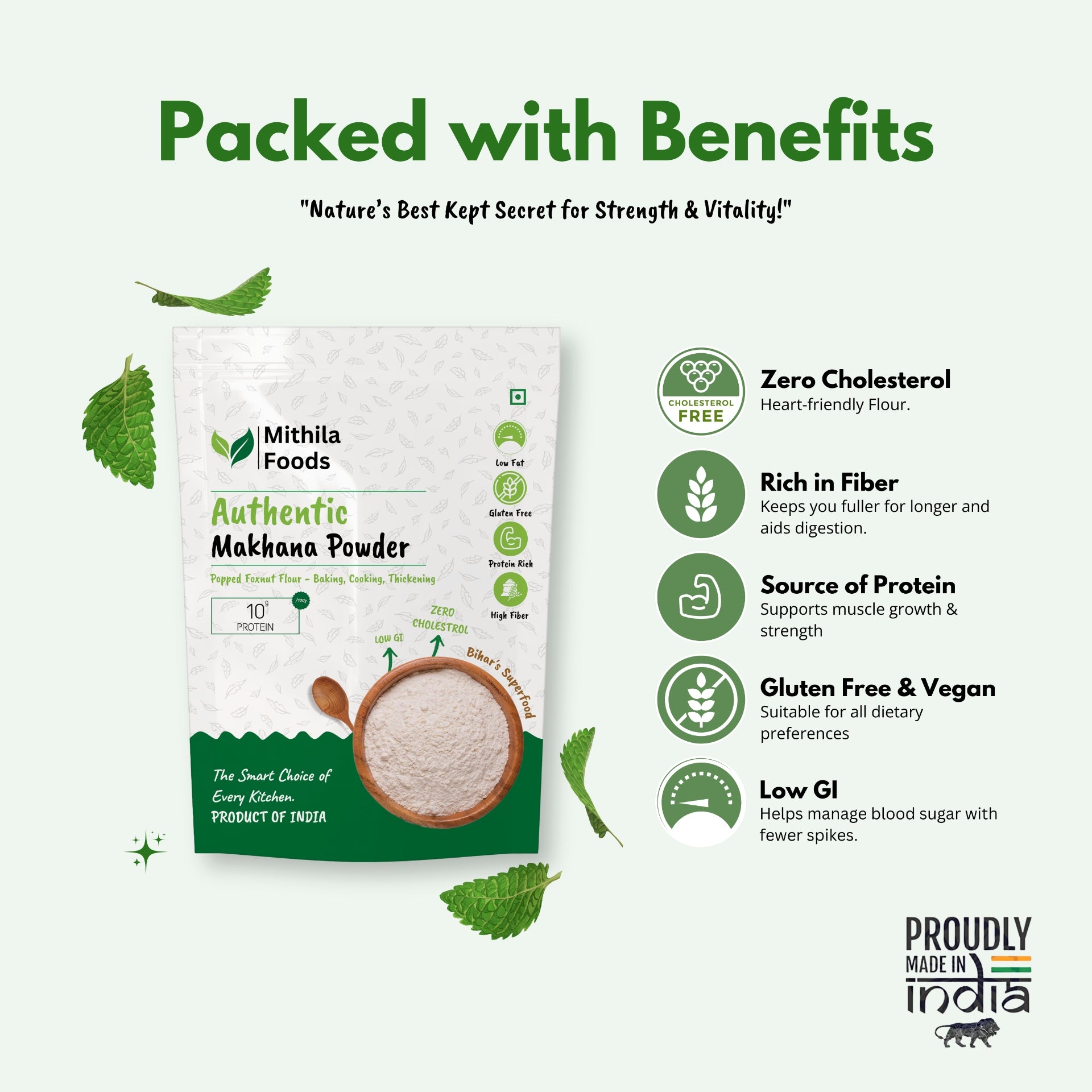  "Mithila Foods Authentic Makhana Powder pack with key nutritional benefits: zero cholesterol, high fiber, protein source, gluten free and vegan, low GI"