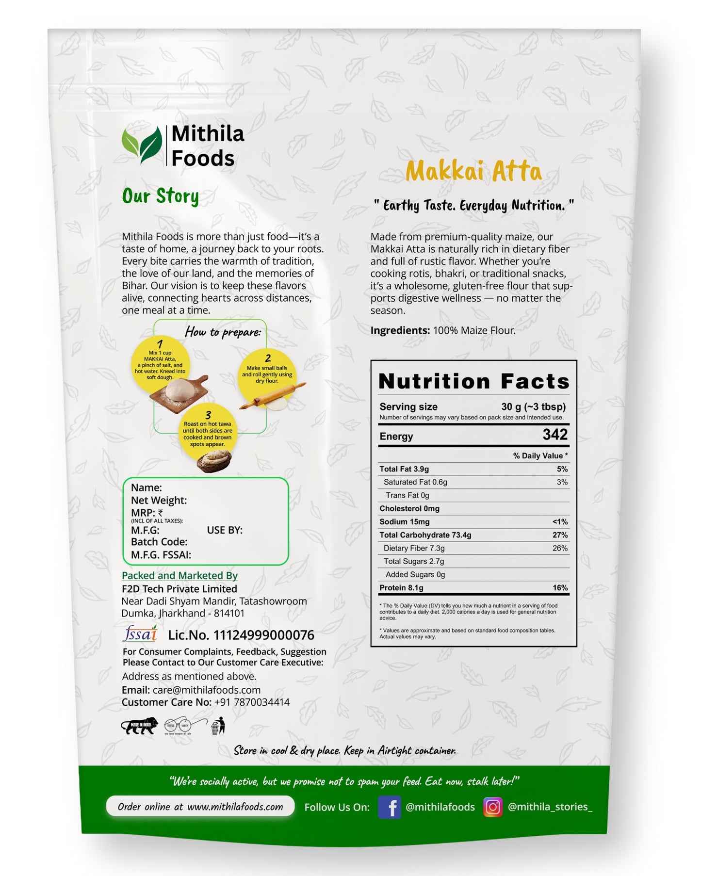  "Back of Mithila Foods Makkai Atta Maize Flour pack with brand story, ingredient list, nutrition information, preparation steps, and manufacturer details"