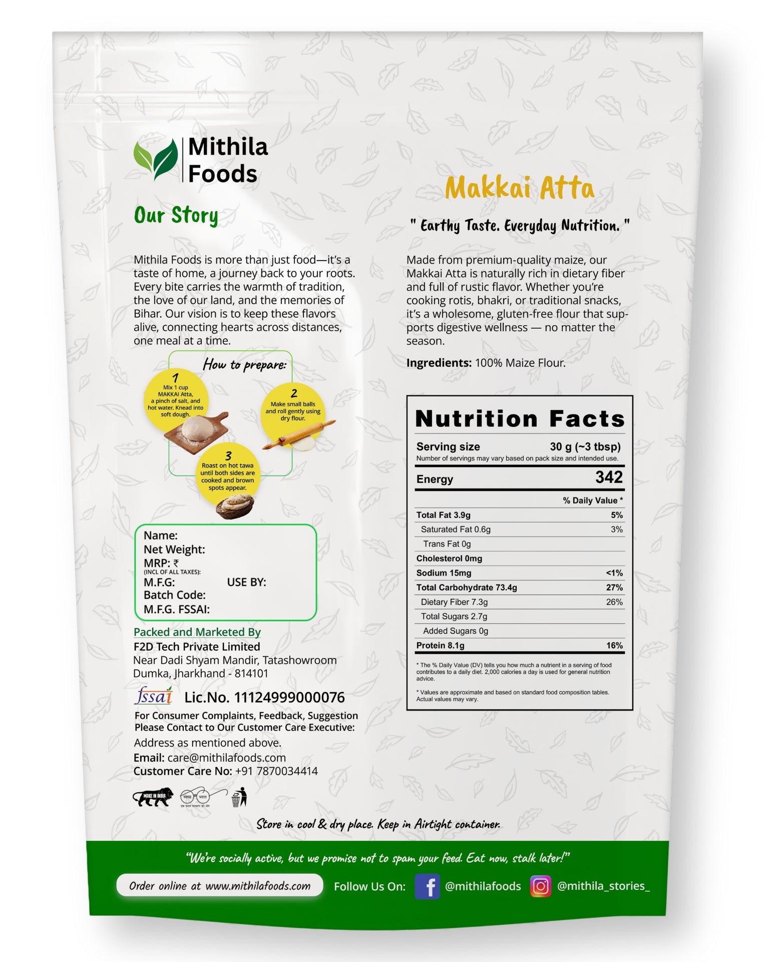  "Back of Mithila Foods Makkai Atta Maize Flour pack with brand story, ingredient list, nutrition information, preparation steps, and manufacturer details"