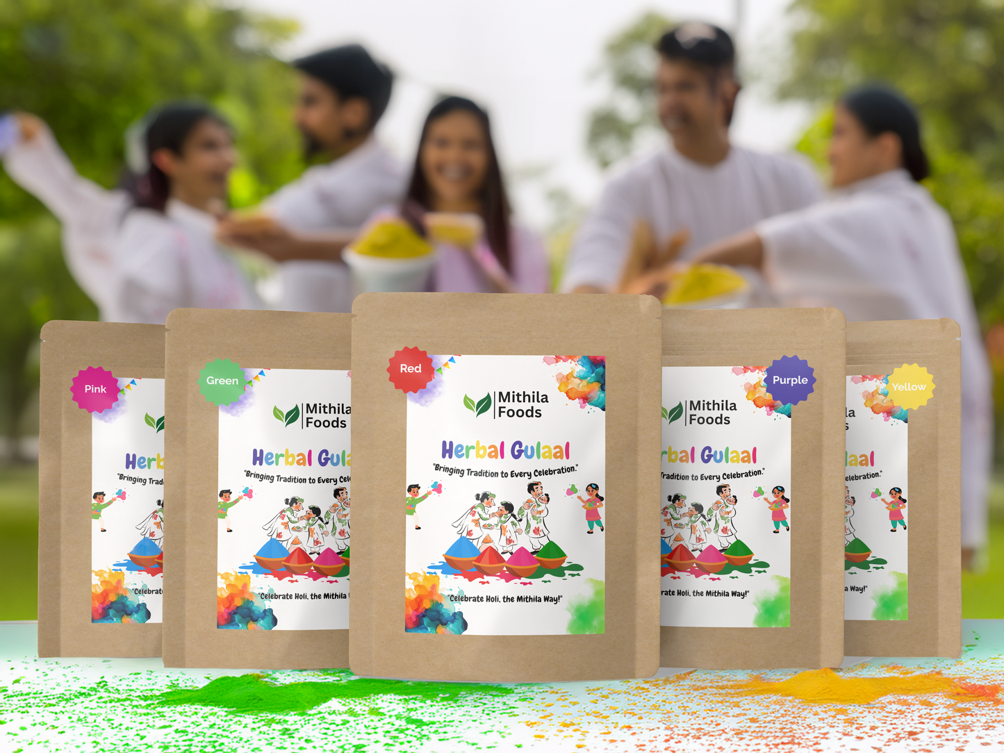  "Mithila Foods Herbal Gulal Holi Colour packs displayed in pink, green, red, purple, and yellow, with group of people playing Holi outdoors in festive mood"