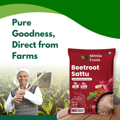 A farmer holding Beetroot Sattu in a field — sourced direct from farms