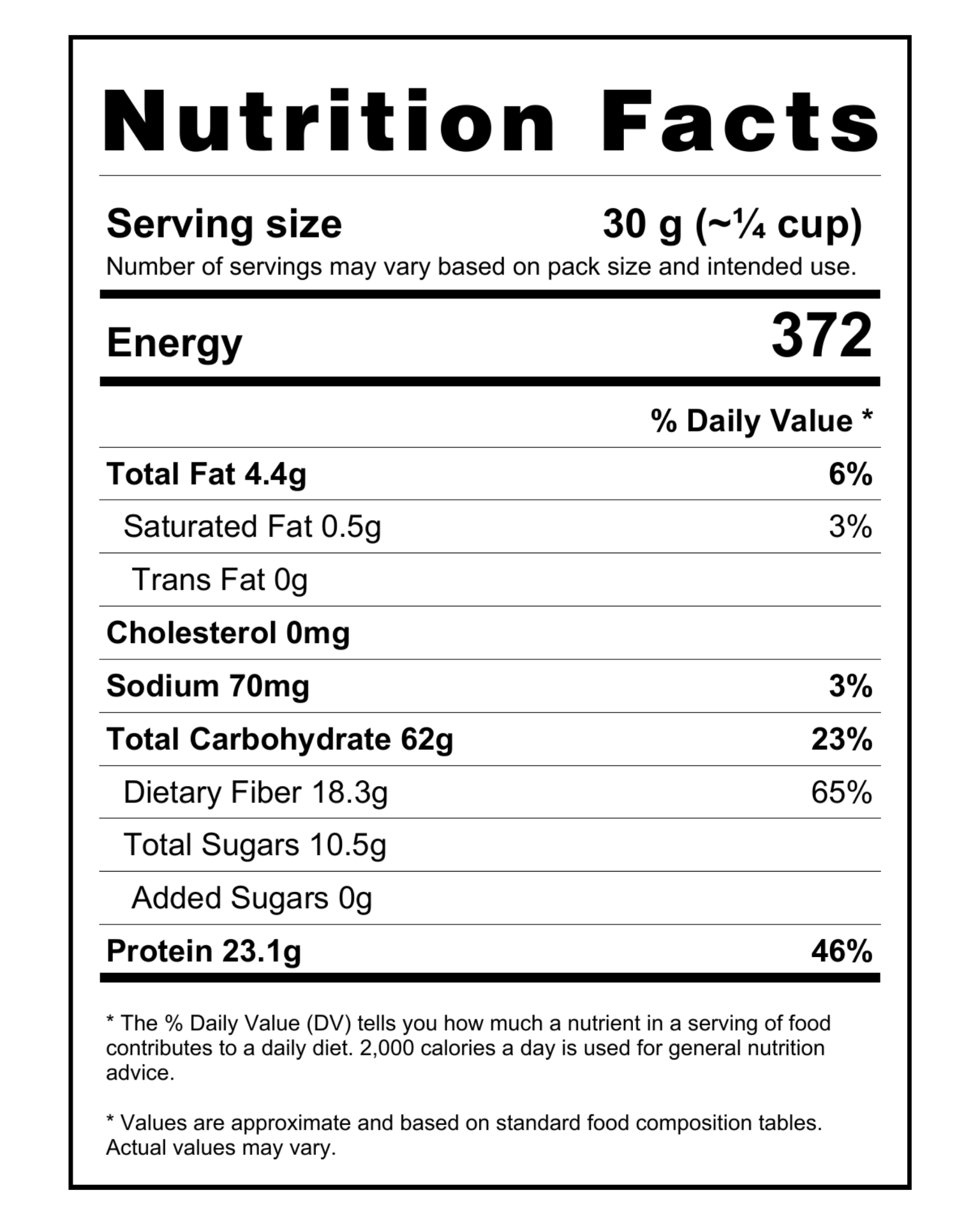 Nutrition facts label for Mithila Foods Peri Peri Roasted Chana showing calories, protein, fiber, carbohydrates, fat, and micronutrients per 30g serving
