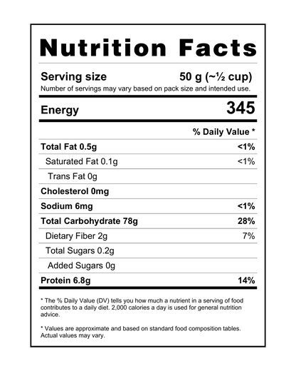 Nutrition facts of Mithila Foods Arwa Chawal showing calories, carbohydrates, protein, fiber and fat per serving.