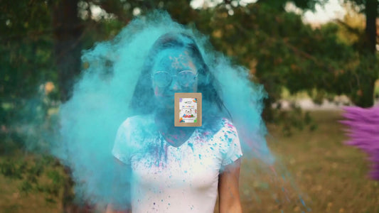  "Mithila Foods Herbal Gulal Holi Colour packs in five vibrant shades with colorful powder splashes, highlighting festive energy and natural, skin-friendly gulal"