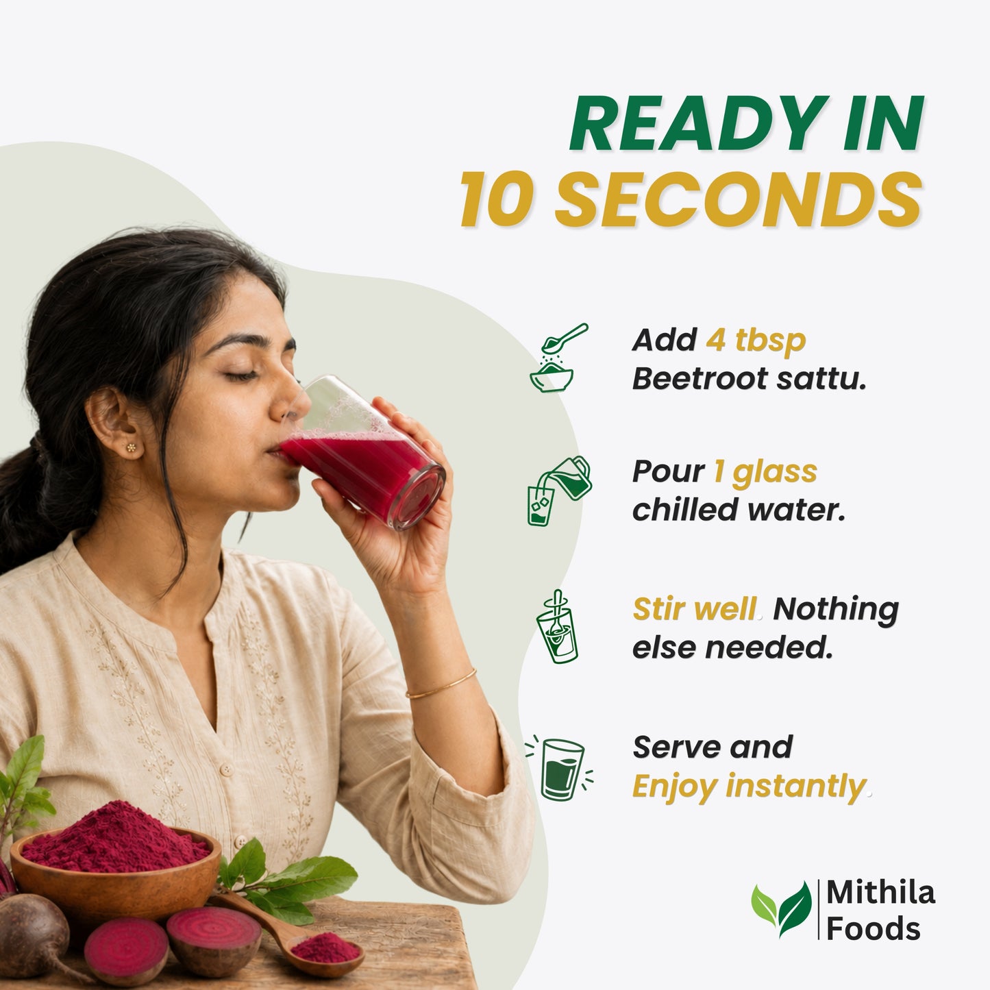 Woman drinking Beetroot Sattu — 4 tbsp, one glass of chilled water, stir and serve