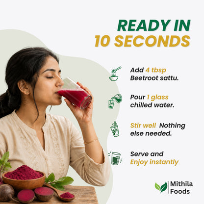 Woman drinking Beetroot Sattu — 4 tbsp, one glass of chilled water, stir and serve